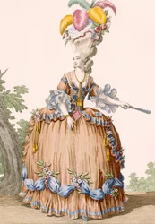 Młoda dziewczyna w ładnej letniej sukience popołudniowej, grawerowana przez Dupina, płyta nr 19 z „Galeries des Modes et Costumes Francais”, 1789